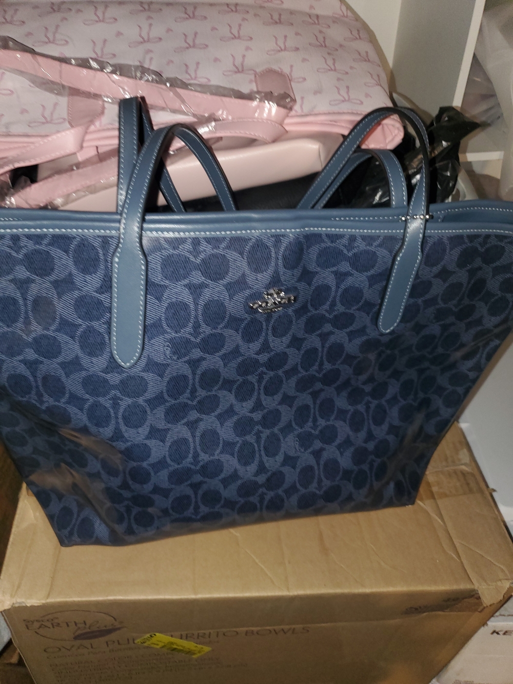 Coach Navy Signature Glossy Tote
